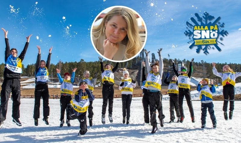 Montage med glada barn som kastar snö upp i luften och porträttbild Charlotta Bürger Hyllienmark